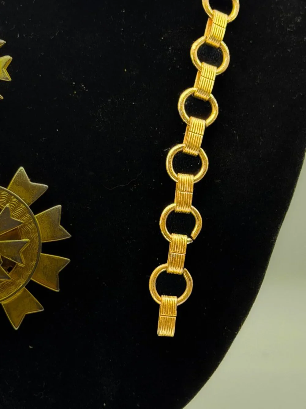 Antique Heraldic Sunburst Medallion Necklace Enamel Fleur-de-Lis Brass Maltese